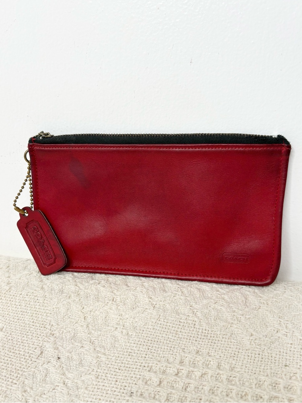 80s Vintage Coach Skinny Case 7170 Red Leather SLG Cosmetic Zip Pouch
